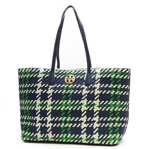 NWT Tory Burch Navy/Green Duet Woven Leather Tote